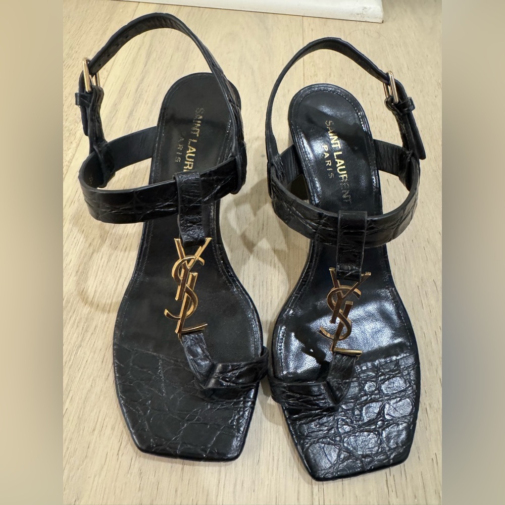 Saint Laurent Black Croc-Embossed Sandals with Gold Accents